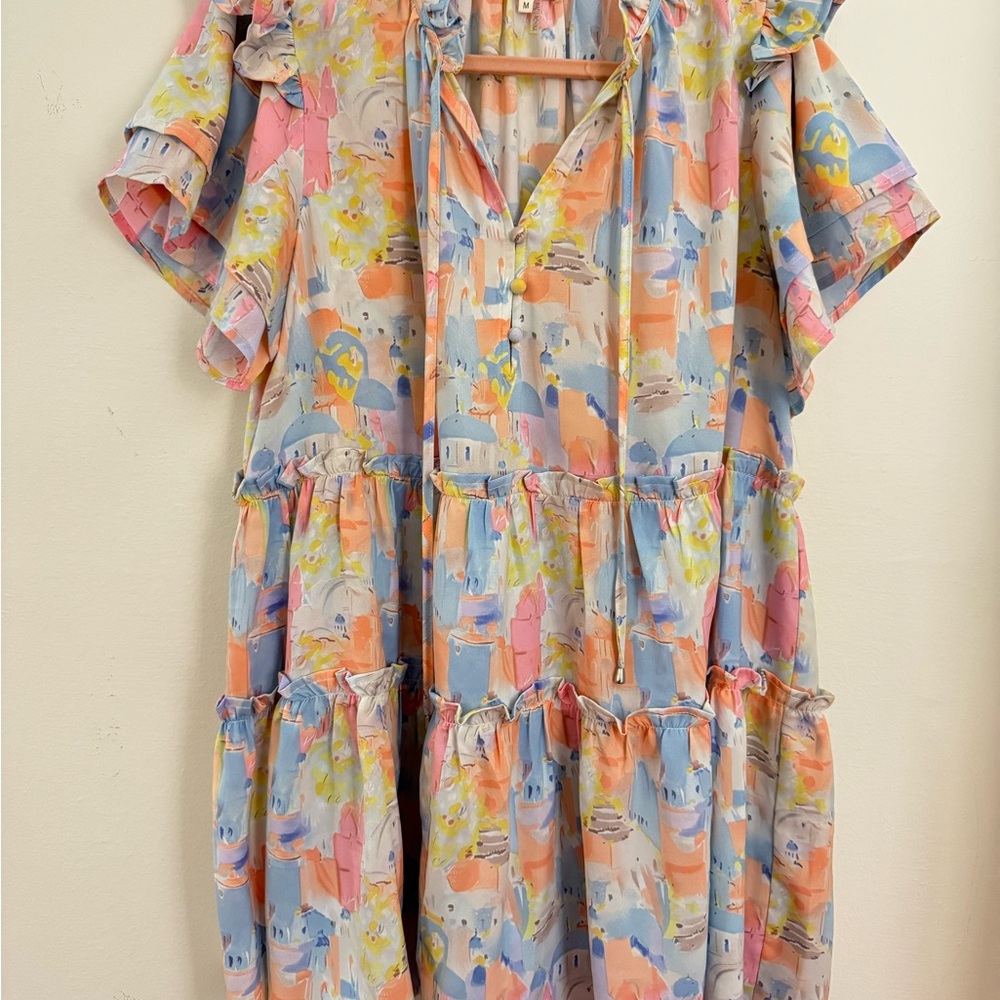 Entro NWOT Pastel Santorini Print Tiered Mini Dress Ruffle Sleeves Babydoll Med - Picture 6 of 8